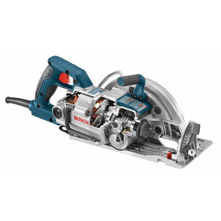 A technical studio cutaway diagram of the Bosch CSW41 circular saw looking from the motor side, exposing the internal copper armature windings of the 15-amp electric motor, the primary drive bearings, and the heavy-duty interlocking steel spiral worm-gear transmission assembly.