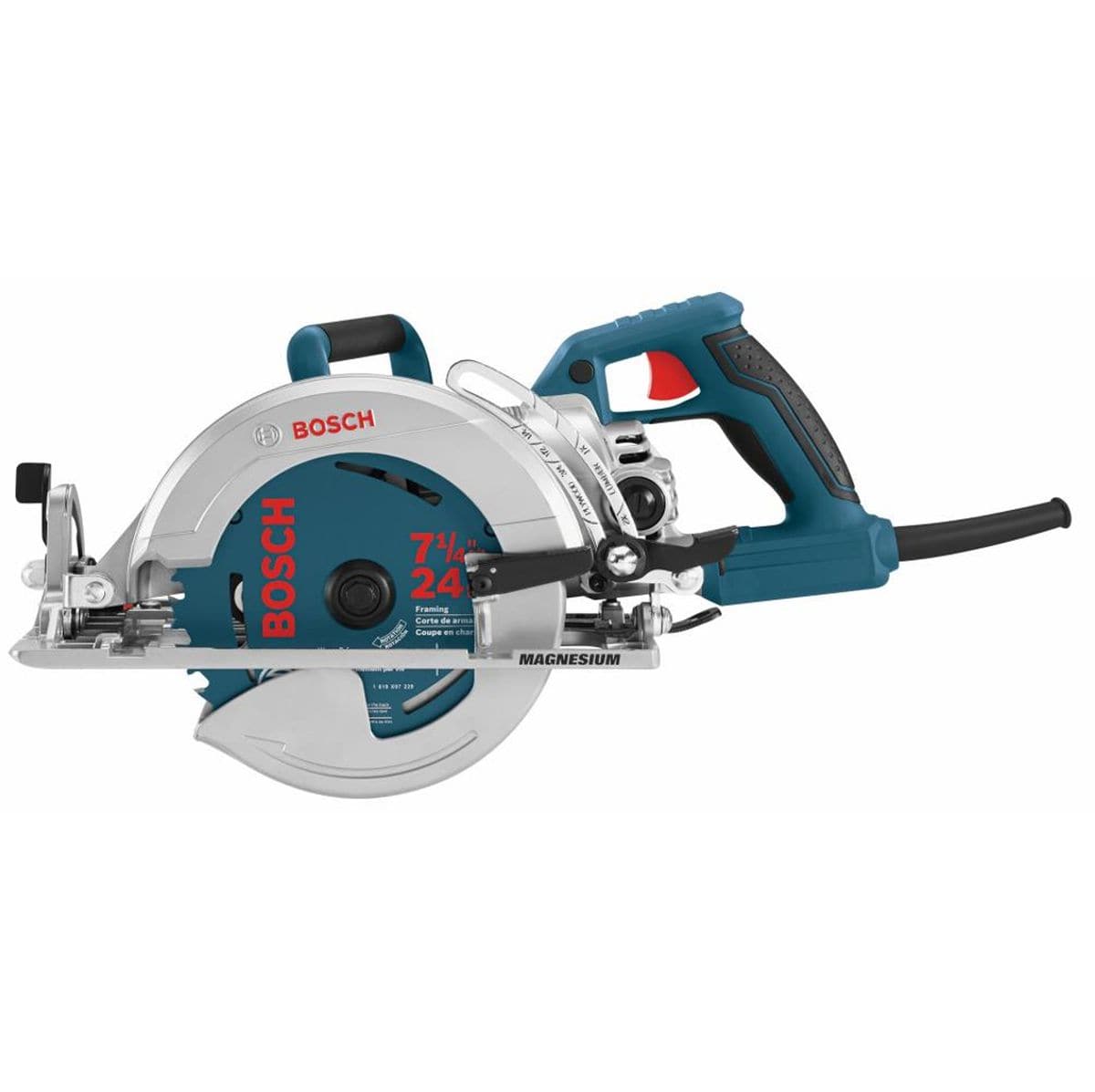 A direct side profile studio shot of the Bosch CSW41 worm-drive framing saw, showcasing the unibody silver magnesium blade shroud, the left-oriented 7-1/4 inch 24-tooth carbide framing blade, the embossed magnesium lettering on the footplate, and the rear oil-fill plug port.