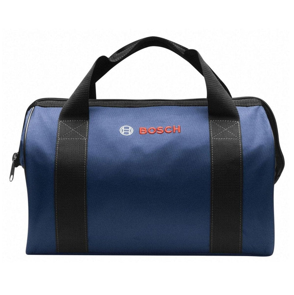 Bosch CW02 16 inch medium contractor tool bag featuring blue heavy-duty polyester construction with black reinforced handles and an embroidered red Bosch logo for professional tool storage.