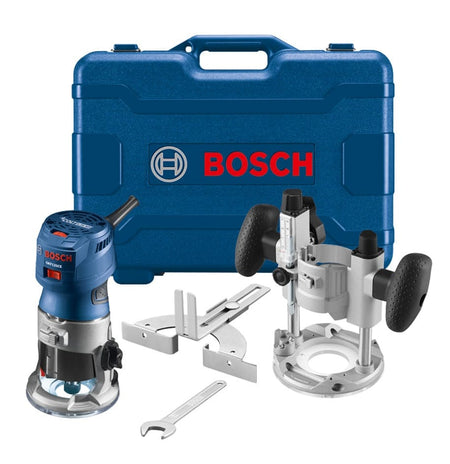 A studio shot of the Bosch GKF125CEPK Colt palm router combo kit, showing the router motor, fixed base, plunge base, edge guide, wrench, and the blue hard carrying case.