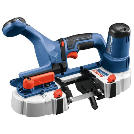 Full studio profile view of the Bosch GCB18V-2N 18V compact cordless band saw against a white background, showing its blue composite housing, red trigger accent switches, aluminum base shroud, and the exposed section of the metal cutting band saw blade.