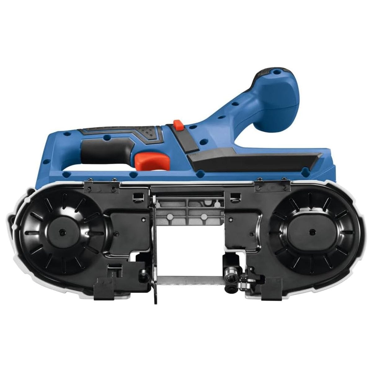 Underside look at the Bosch cordless band saw chassis with the protective blade guard cover attached, showcasing the dual internal wheel tracking system and the exposed fine-tooth metal cutting blade.