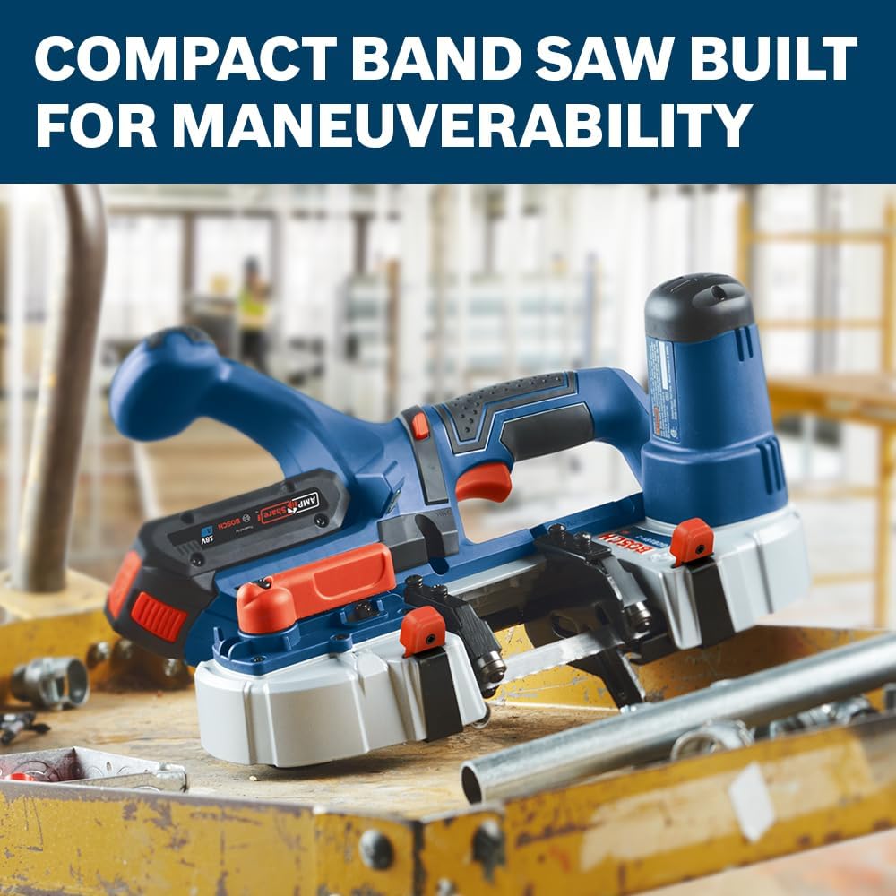 Action product shot of the Bosch 18V cordless band saw sitting on a yellow jobsite cart with a blue banner background that reads compact band saw built for maneuverability.
