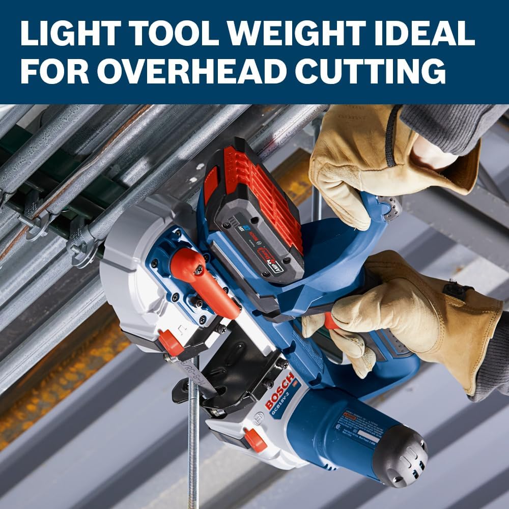 Jobsite action view of an installer wearing leather safety gloves holding the lightweight Bosch 18V band saw overhead to cleanly slice through a long structural steel threaded rod.