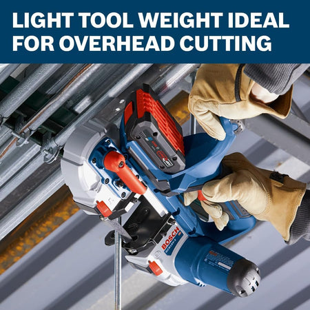 Jobsite action view of an installer wearing leather safety gloves holding the lightweight Bosch 18V band saw overhead to cleanly slice through a long structural steel threaded rod.