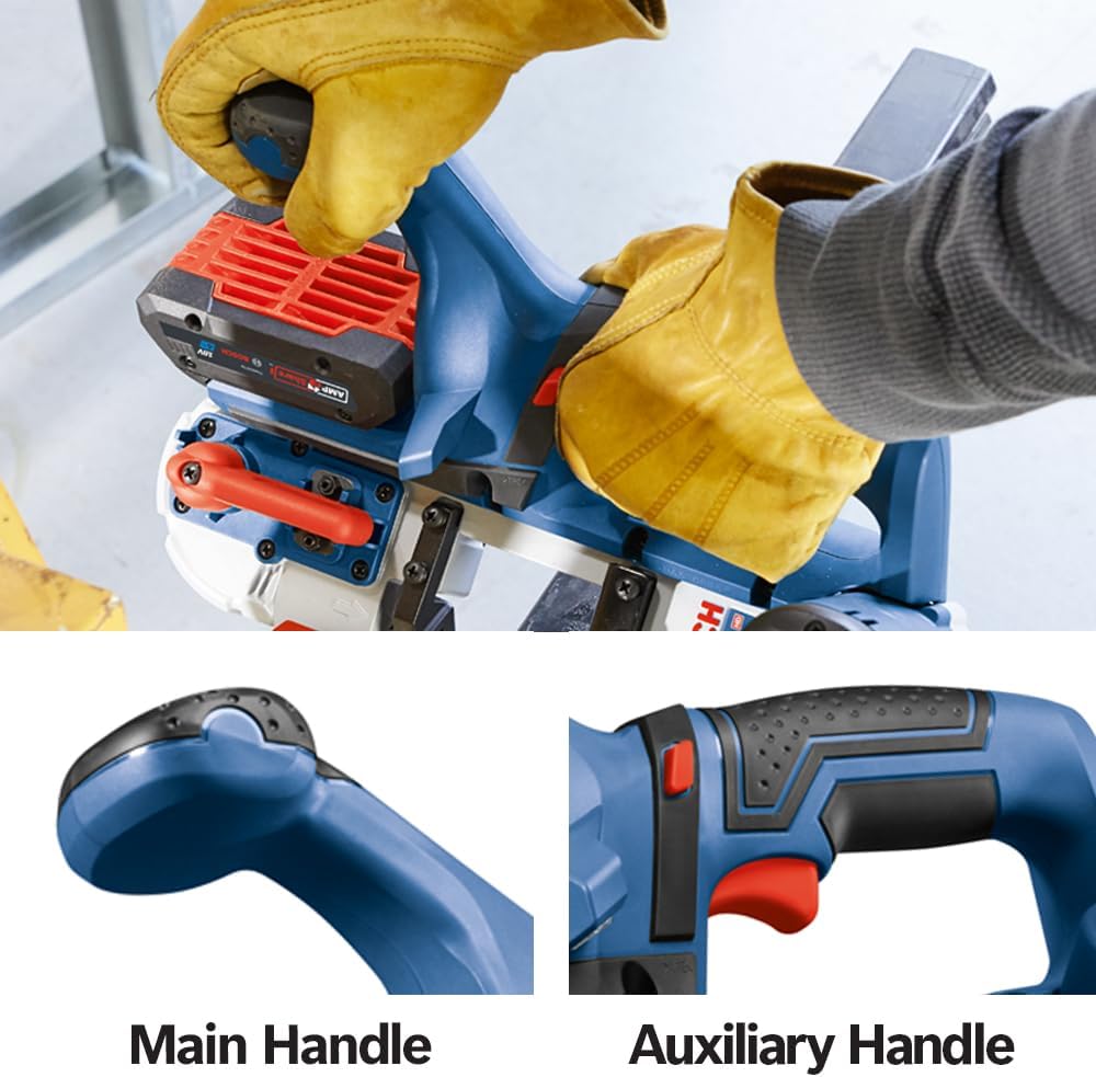 Close-up visual diagram showcasing a worker utilizing both handles of the cordless band saw, with separate bottom callout closeups explicitly identifying the main handle and the auxiliary handle grip structures.