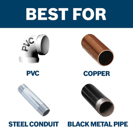 Graphic chart titled best for, featuring high-contrast individual graphics of target application materials including a white PVC elbow, a length of copper tubing, a silver steel conduit pipe, and a thick black metal pipe.