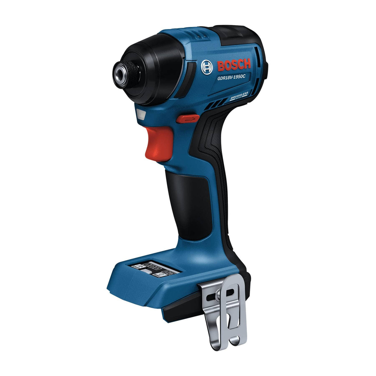 Bosch GDR18V-1950CN 18V brushless impact driver bare tool with 1/4-inch quick-insert hex chuck and steel belt clip.