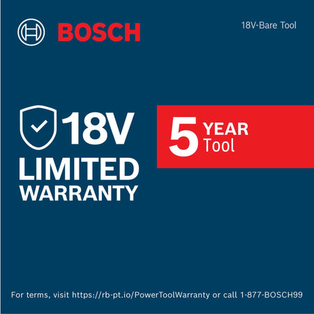 Bosch 18V cordless bare tool 5-year limited warranty guarantee badge with official support contact details.