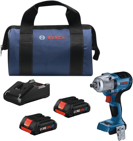 Bosch GDS18V-330PCB25 18V impact wrench kit with two 4.0Ah CORE18V batteries, 18V charger, belt clip, and canvas bag.