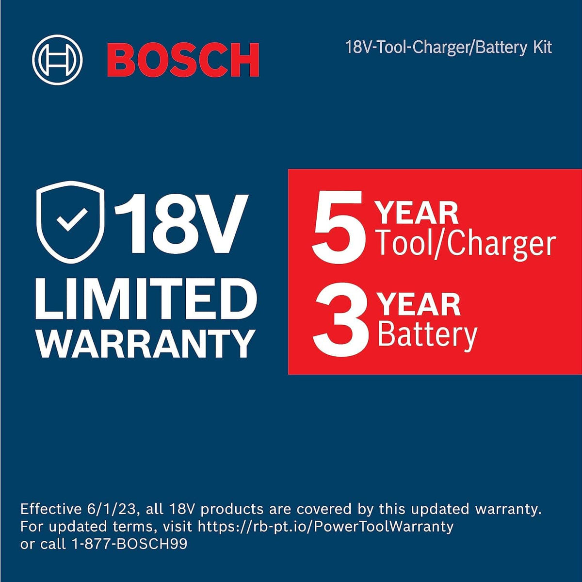 Bosch 18V kit warranty policy detailing 5-year coverage on tools and chargers with 3-year protection on batteries.