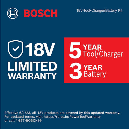 Bosch 18V kit warranty policy detailing 5-year coverage on tools and chargers with 3-year protection on batteries.