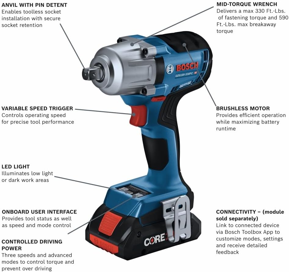 Diagram of Bosch GDS18V-330PC detailing the 1/2-inch pin detent anvil, 590 ft-lbs torque, brushless motor, and UI.