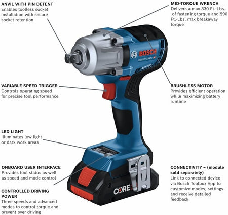 Diagram of Bosch GDS18V-330PC detailing the 1/2-inch pin detent anvil, 590 ft-lbs torque, brushless motor, and UI.
