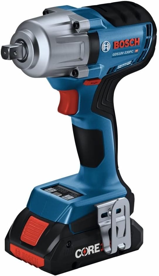 Bosch GDS18V-330PC 18V cordless impact wrench with 1/2-inch square drive pin detent anvil and CORE18V battery.