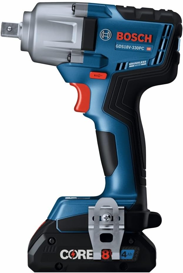 Side profile of the Bosch GDS18V-330PC mid-torque impact wrench showing the compact 6.6-inch head and belt clip.