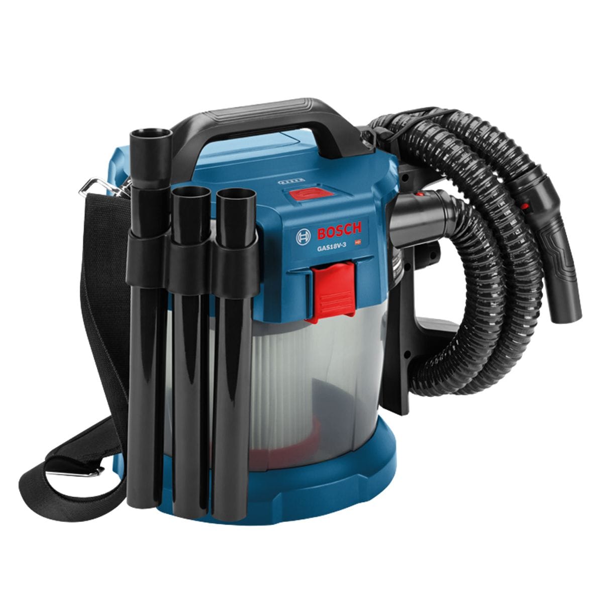 Bosch GAS18V-3N cordless vacuum with transparent container, pleated filter, coiled hose, shoulder strap, and side-mounted extension tubes.