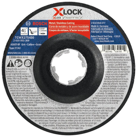 Bosch TCWX27S450 4.5-inch 0.045-thin X-LOCK Type 27A cut-off wheel with 7/8-inch arbor compatibility for steel cutting.