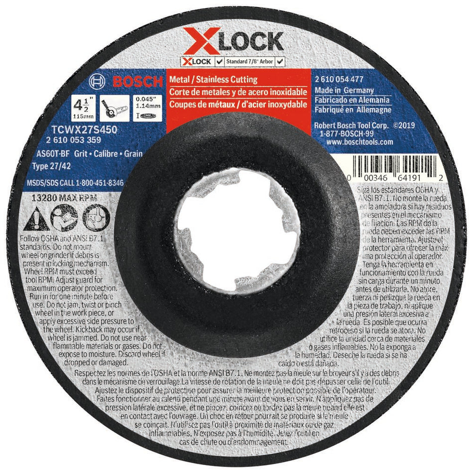 Bosch TCWX27S450 4.5-inch 0.045-thin X-LOCK Type 27A cut-off wheel with 7/8-inch arbor compatibility for steel cutting.