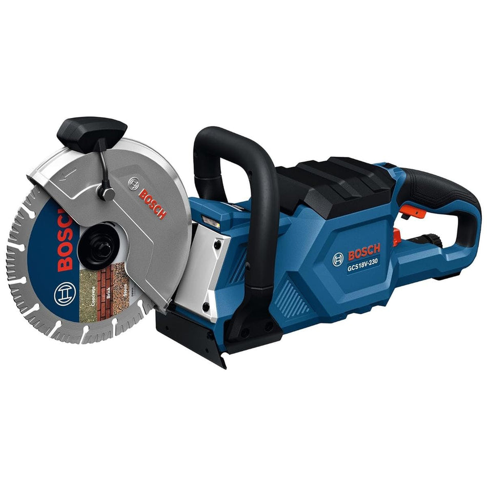Bosch GCS18V-230N 18V brushless 9-inch cordless cutoff saw with diamond wheel for concrete and metal cutting.
