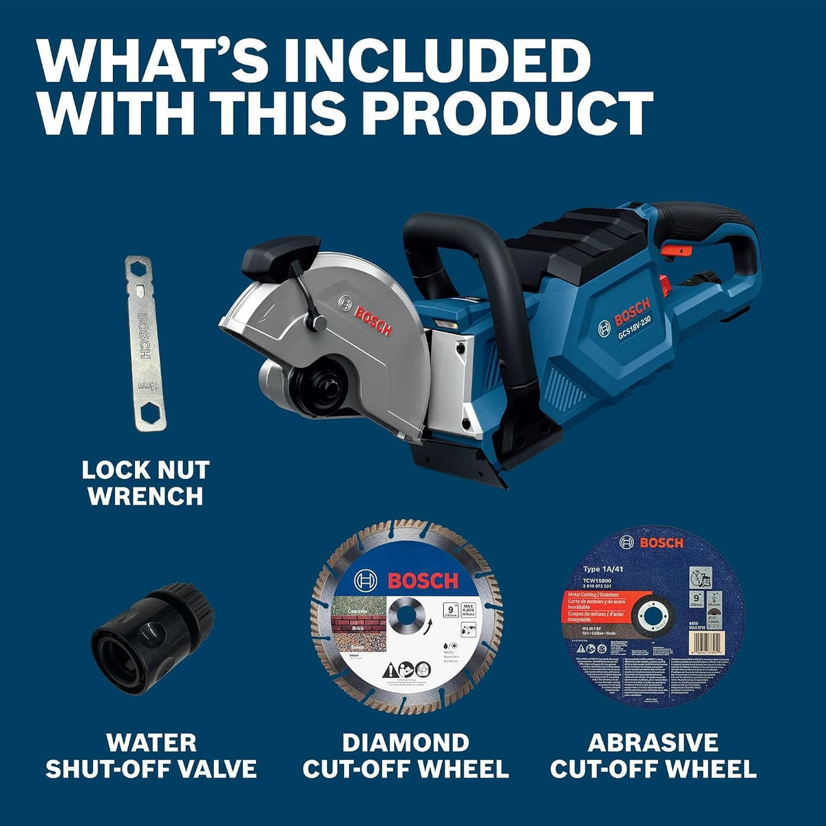 Included components with the Bosch GCS18V-230N cutoff saw: wrench, water valve, diamond wheel, and abrasive wheel.