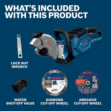 Included components with the Bosch GCS18V-230N cutoff saw: wrench, water valve, diamond wheel, and abrasive wheel.