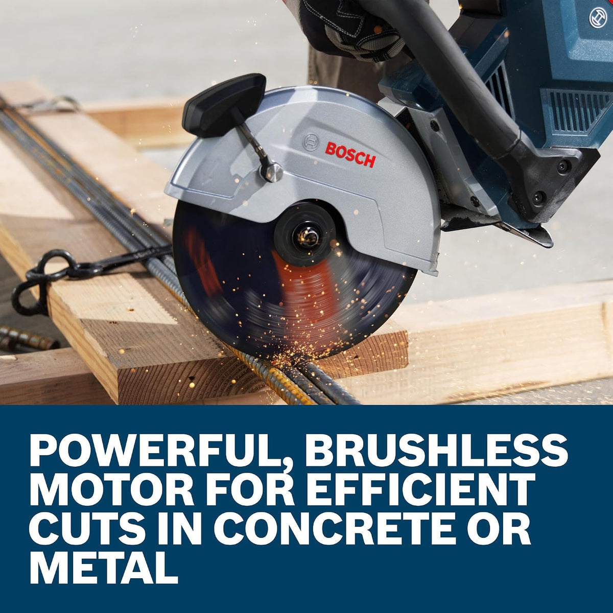 Bosch GCS18V-230N cordless saw cutting steel rebar using a high-torque brushless motor.