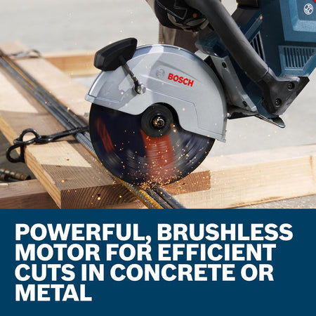 Bosch GCS18V-230N cordless saw cutting steel rebar using a high-torque brushless motor.