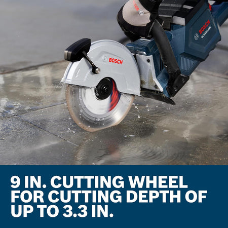 Bosch 18V 9-inch cutoff saw making a 3.3-inch deep wet cut into concrete masonry with water suppression.