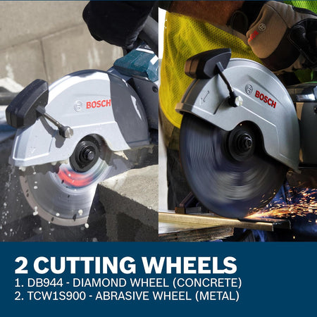 Comparison of the DB944 diamond wheel for concrete and the TCW1S900 abrasive wheel for metal cutting.
