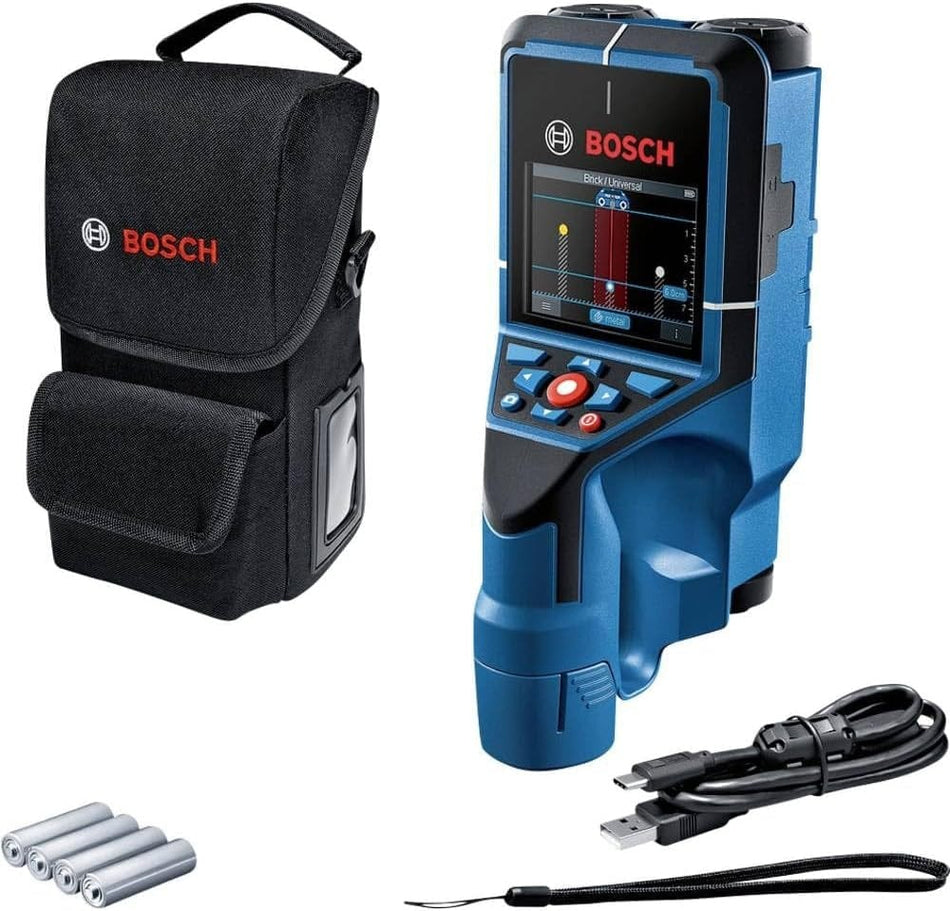 The Bosch D-TECT200C wall scanner kit displayed with the blue handheld detection tool, a black soft carrying pouch, a set of four AA batteries, and a USB connection cable.