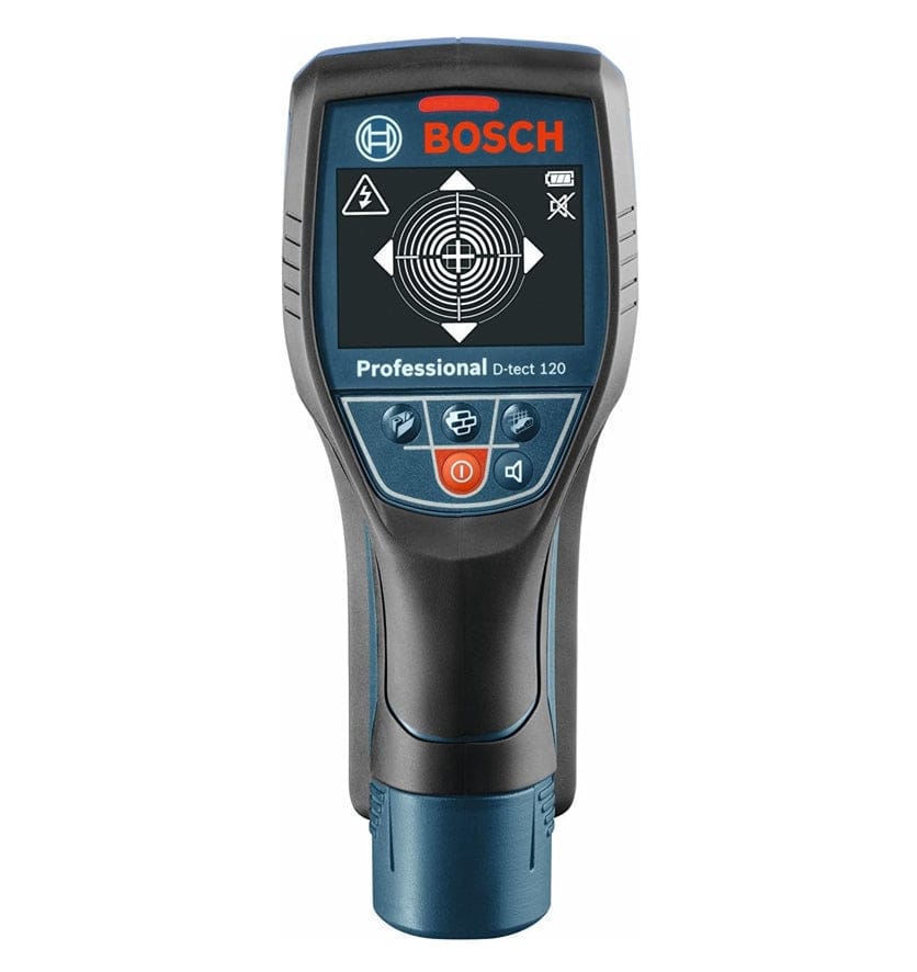 Front view of Bosch D-TECT 120 scanner showing display with target graphic and detection mode icons for various materials.