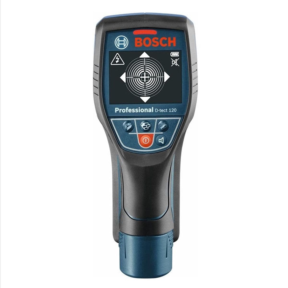 Front view of Bosch D-TECT 120 scanner showing display with target graphic and detection mode icons for various materials.