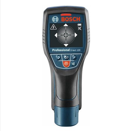 Front view of Bosch D-TECT 120 scanner showing display with target graphic and detection mode icons for various materials.