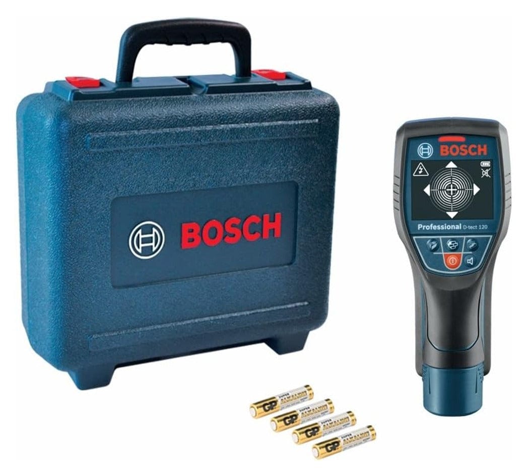 Bosch D-TECT 120 wall scanner kit including device, hard case, and four AA batteries displayed on flat surface