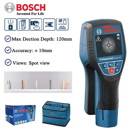 Bosch D-TECT 120 detector with icons for wire, metal, wood, and plastic; accessories and usage example also visible.