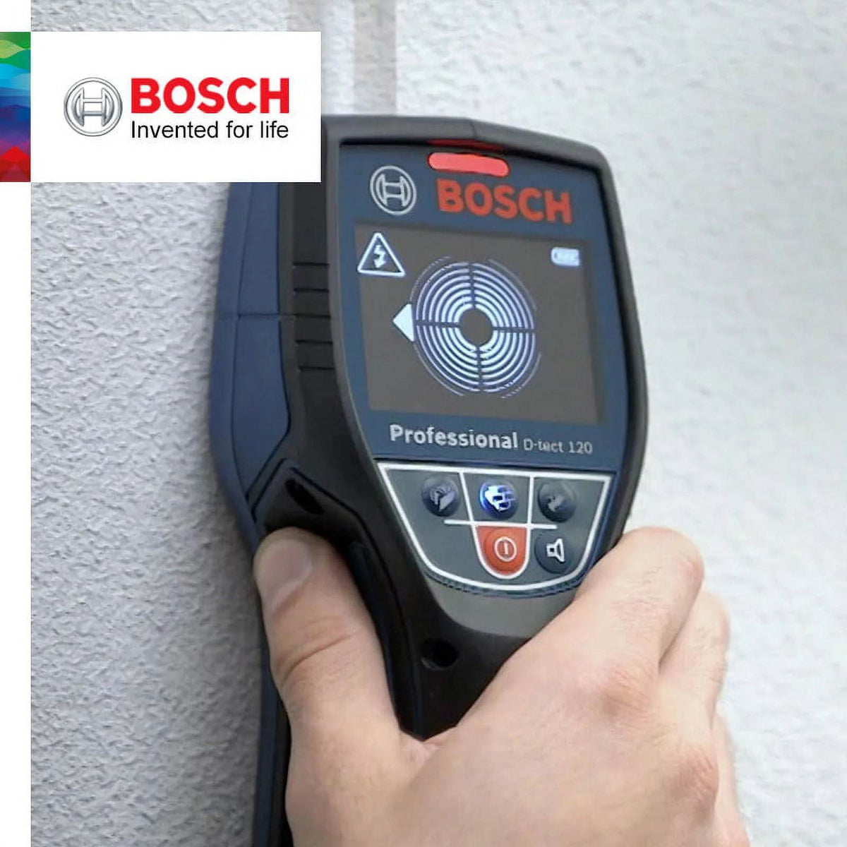 Bosch D-TECT 120 scanner in use on textured wall; screen displays radar interface with detection indicators and mode icons.
