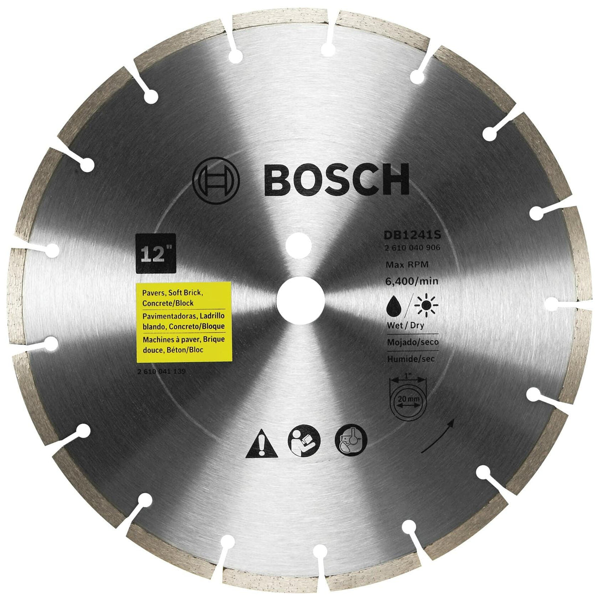 BOSCH DB1241S 12 in. segmented rim diamond blade for wet/dry cutting of pavers, brick, concrete, and block