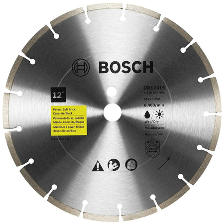 BOSCH DB1241S 12 in. segmented rim diamond blade for wet/dry cutting of pavers, brick, concrete, and block