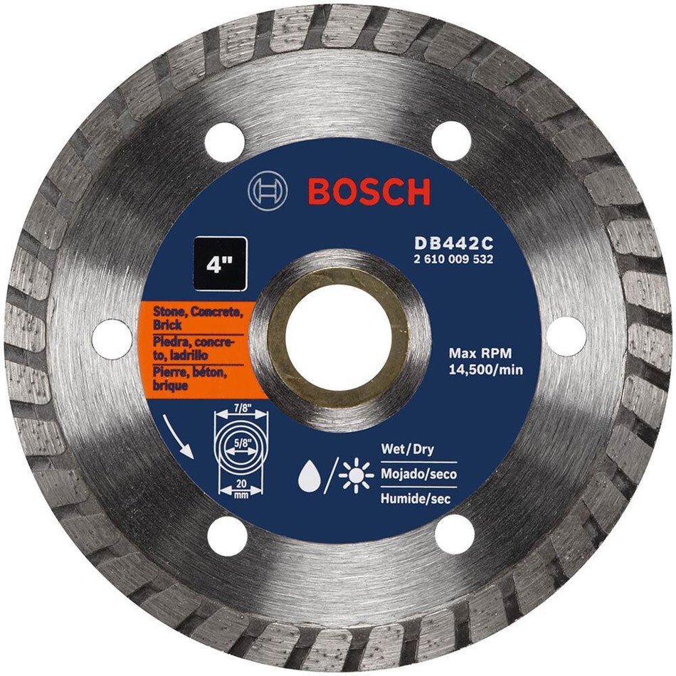 A front-facing studio photograph of the silver Bosch DB442C 4-inch premium turbo rim diamond blade, showing the 5/8-inch arbor, max RPM of 14,500, and icons for stone, concrete, and brick.