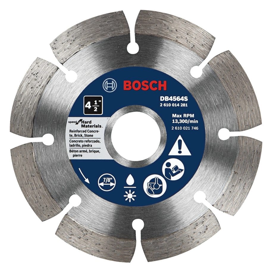 A front-facing studio photograph of the silver Bosch 4-1/2 inch standard segmented rim diamond blade for hard materials, featuring a 7/8-inch arbor and icons for reinforced concrete, brick, and stone.