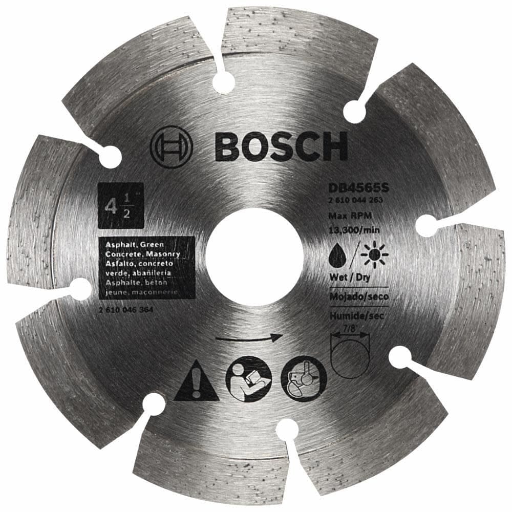 A front-facing studio photograph of the silver Bosch DB4565S 4-1/2 inch standard segmented rim diamond blade, showing the segmented rim design, the 7/8-inch arbor, and suitability for wet or dry cutting in asphalt, green concrete, and masonry.