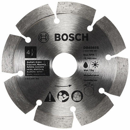 A front-facing studio photograph of the silver Bosch DB4565S 4-1/2 inch standard segmented rim diamond blade, showing the segmented rim design, the 7/8-inch arbor, and suitability for wet or dry cutting in asphalt, green concrete, and masonry.