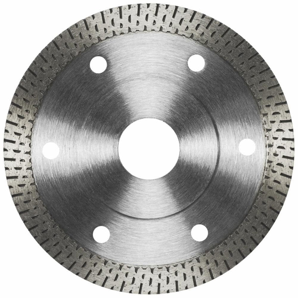 A studio photograph of the silver Bosch DB466 4-inch premium thin turbo rim diamond blade, showing the turbo rim design and the center arbor hole.