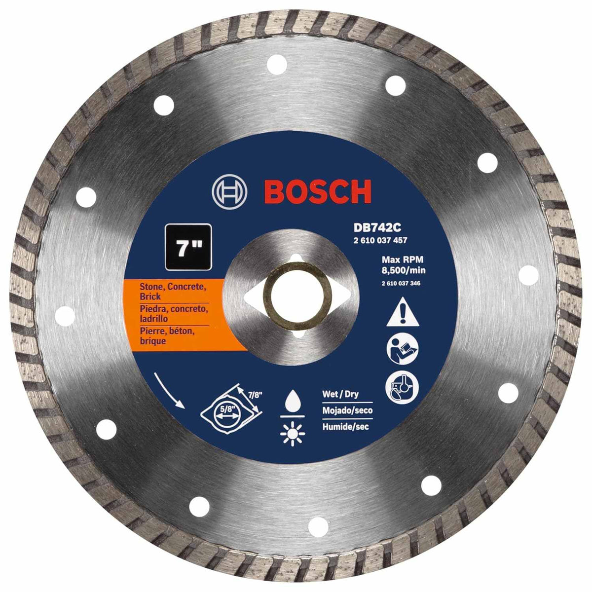 A professional product photograph of the Bosch DB742C 7-inch premium turbo rim diamond blade featuring a specialized turbo rim for smooth cuts in concrete and masonry and a 7/8-inch diamond knockout arbor.