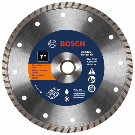 A professional product photograph of the Bosch DB742C 7-inch premium turbo rim diamond blade featuring a specialized turbo rim for smooth cuts in concrete and masonry and a 7/8-inch diamond knockout arbor.