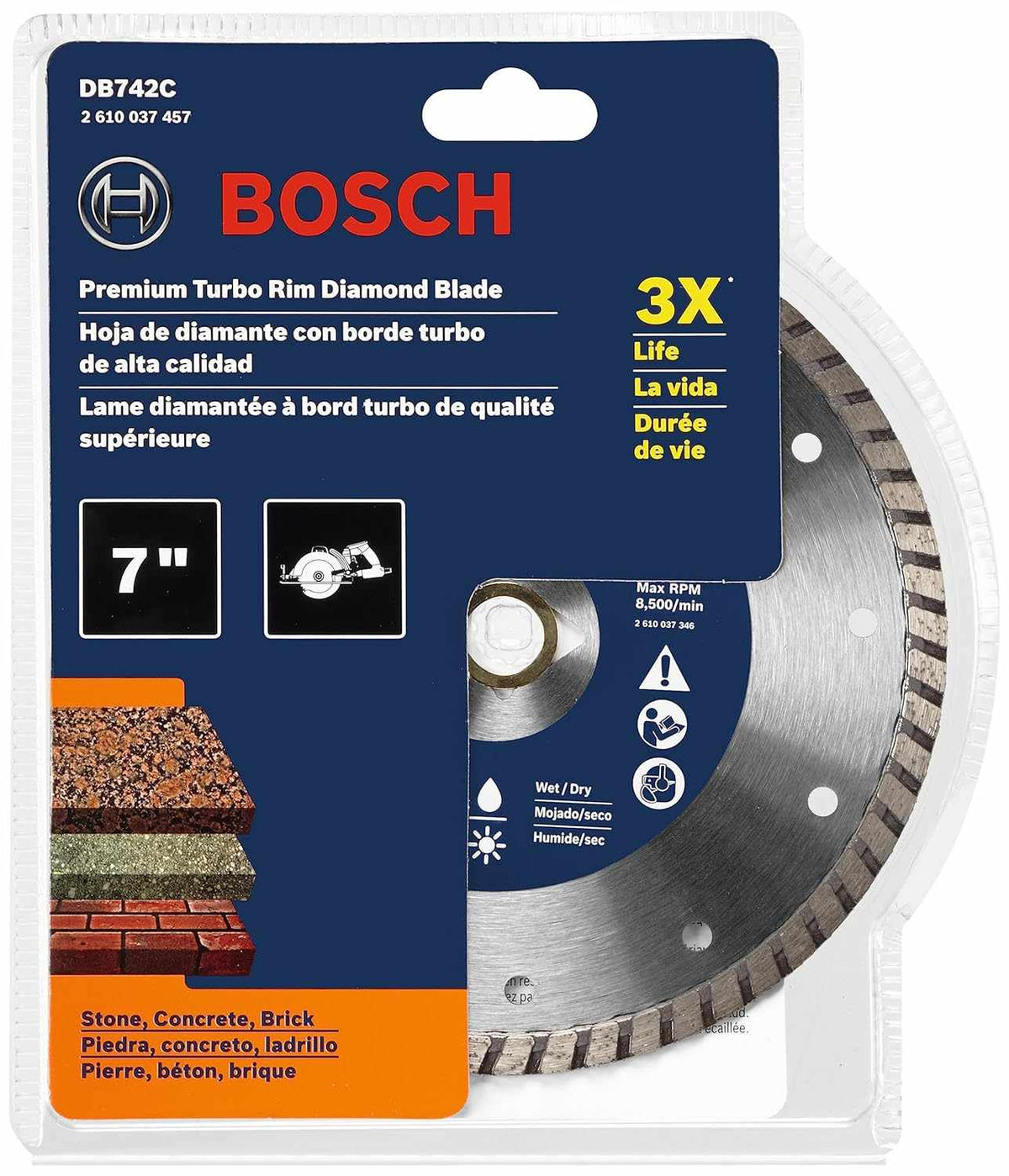 A professional retail packaging shot for the Bosch DB742C diamond blade highlighting its 3X life rating and suitability for wet or dry cutting in stone, concrete, and brick.