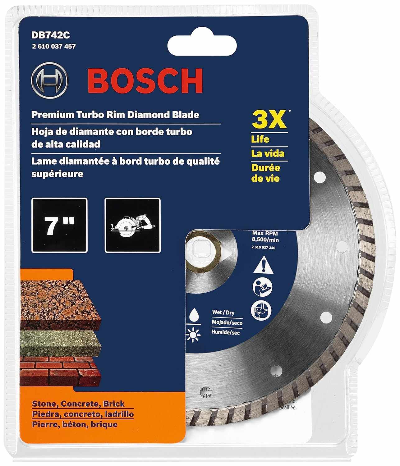 A professional retail packaging shot for the Bosch DB742C diamond blade highlighting its 3X life rating and suitability for wet or dry cutting in stone, concrete, and brick.