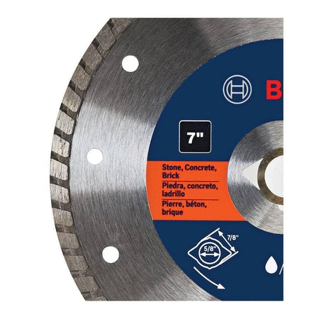 A high-resolution close-up of the Bosch DB742C diamond blade focusing on the industrial-strength turbo rim segments designed for constant material contact and professional-grade finishing.