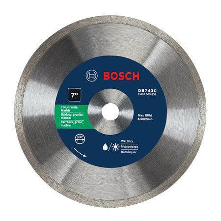 BOSCH DB743C 7 in. Premium Continuous Rim Diamond Blade for wet/dry cutting tile, granite, marble with 5/8 in. arbor.